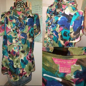 SOLD Ruffled Colorful Cottagecore Womens Short Sleeve Blouse Top Van Goughish L